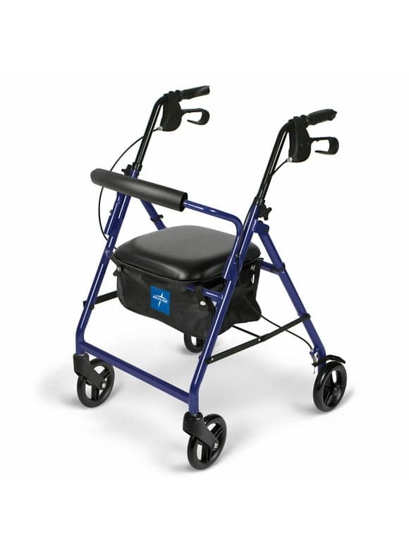 Medline Lightweight Aluminum Rollator, Folding Rolling Walker, 6" Wheels, 250lb Weight Capacity, Blue Frame