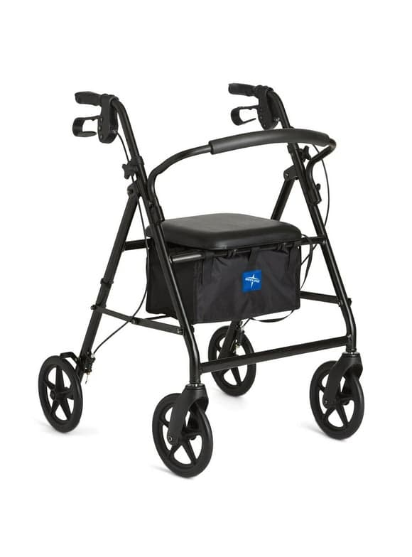 Medline Lightweight Aluminum Rollator, Folding Rolling Walker, 8" Wheels, 300lb Weight Capacity, Black Frame