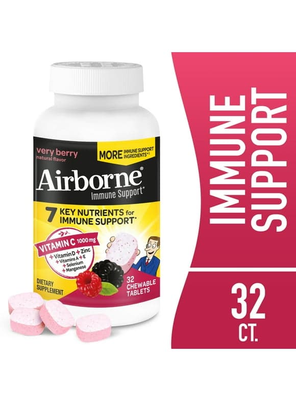 Airborne 1000mg Vitamin C Immune Support Chewable Tablets, Multivitamin Supplement, Very Berry Flavor, 32 ct