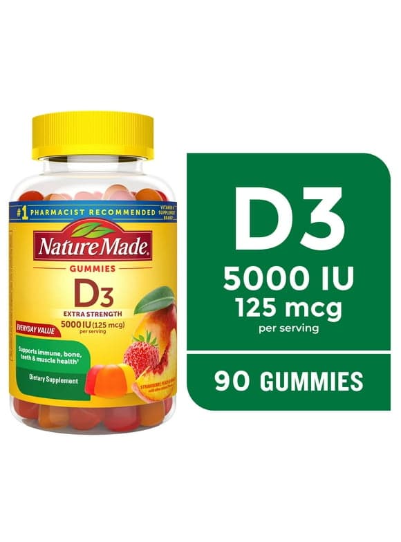 Nature Made Extra Strength Vitamin D3 5000 IU (125 mcg) Per Serving Gummies, Dietary Supplement, 90 Count