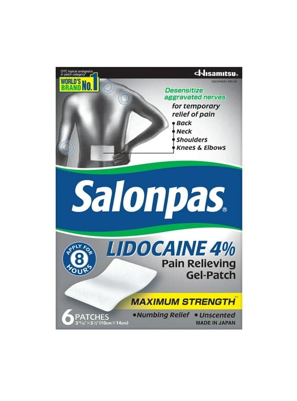 Salonpas Lidocaine Pain Relieving Gel-Patch with Maximum Strength Lidocaine, 6 Count