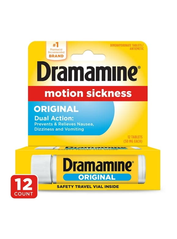 Dramamine Original, Motion Sickness Relief, Sensitive Stomach Travel Vial, 12 Count