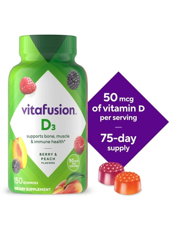 vitafusion Vitamin D3 Gummy Vitamins, Peach, Blackberry and Strawberry Flavored, 150 Count