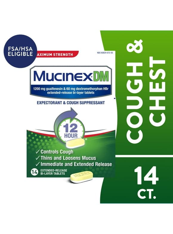 Mucinex DM 12 Hour Max Strength Expectorant & Cough Medicine, Excess Mucus Relief, FSA, 14 Tablets