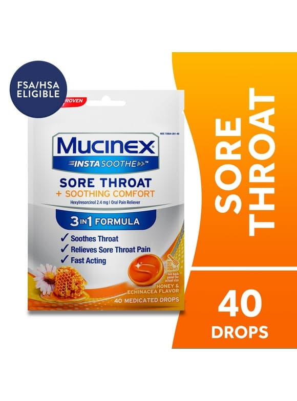 Mucinex Instasoothe Sore Throat Lozenges, FSA, Honey & Echinacea Flavor, 40 Medicated Throat Drops