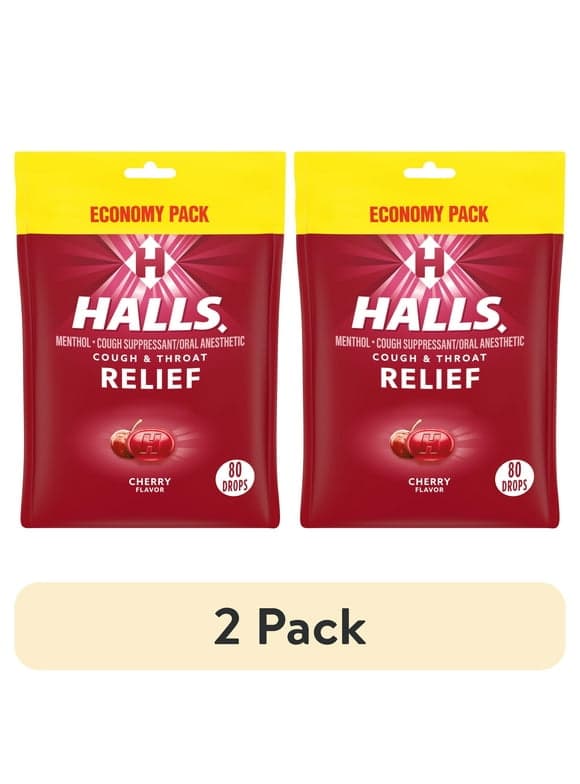 (2 pack) HALLS Relief Cherry Cough Drops, Economy Pack, 80 Drops