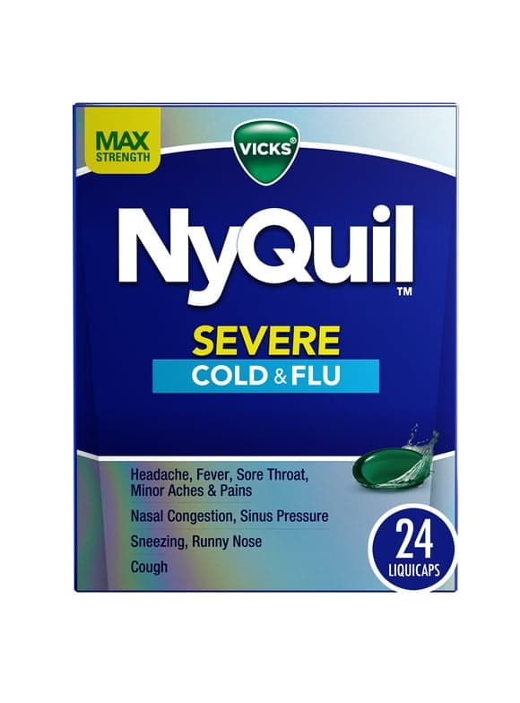 Vicks NyQuil Severe Liquicaps, Nighttime Cold, Cough & Flu Relief, over-The-Counter Medicine, 24 Ct LiquiCaps