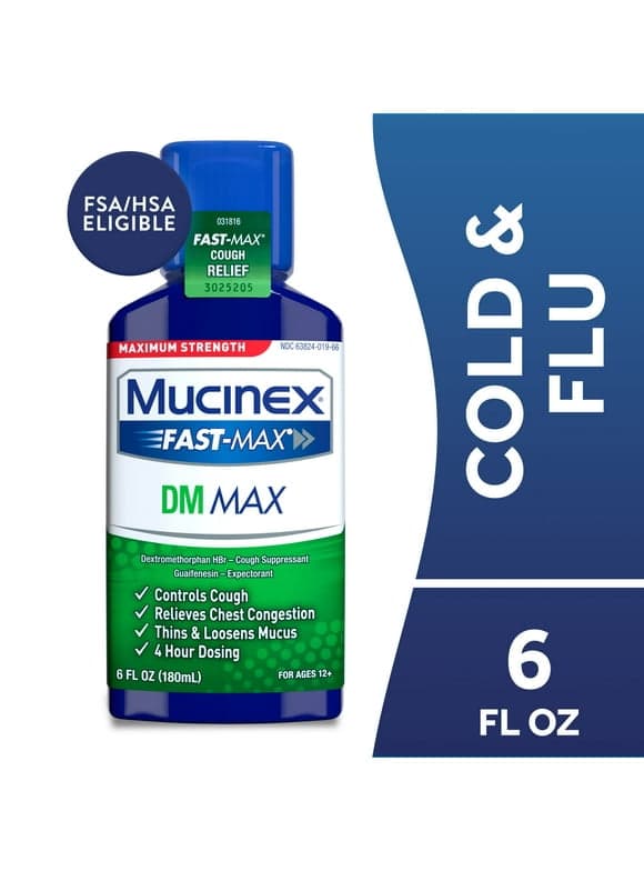 Mucinex Fast-Max DM Max Strength Expectorant & Cough Medicine, Excess Mucus Relief, FSA/HSA, 6 fl oz