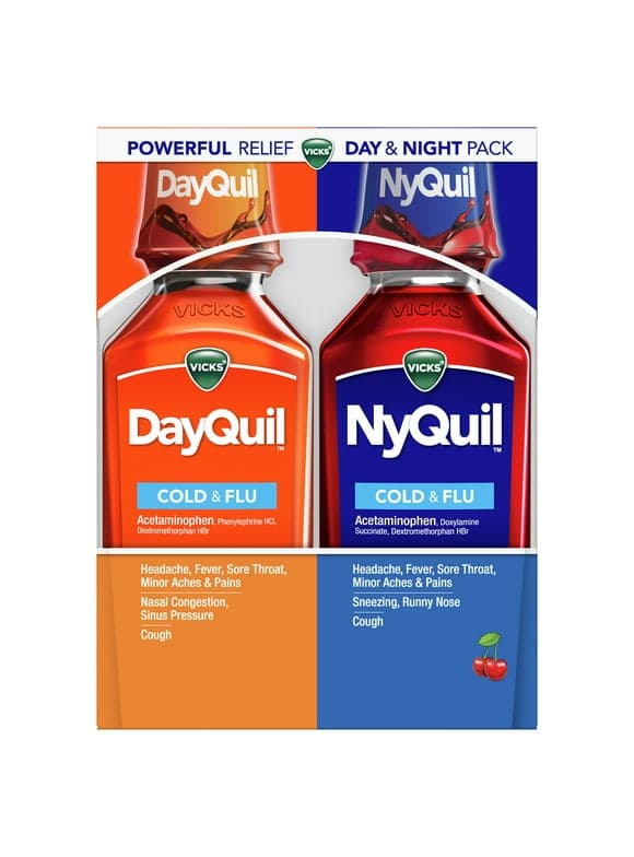 Vicks DayQuil & NyQuil Cold, Cough & Flu Liquid Medicine, over-the-Counter Medicine, Cherry, 2x12 oz