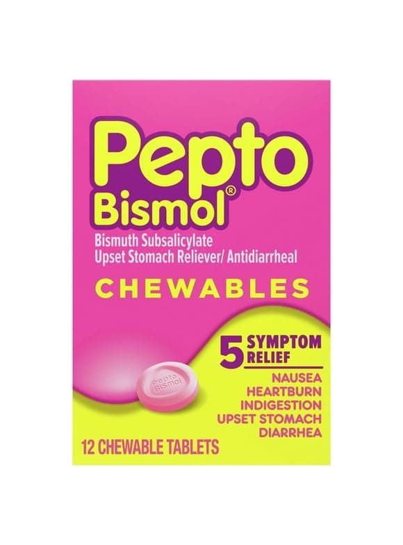 Pepto Bismol Original Chewable Tablets for Upset Stomach & Diarrhea Relief, over-the-Counter Medicine, 12 Ct