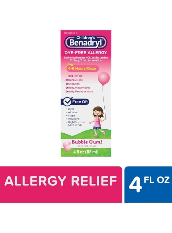 Children's Benadryl Dye-Free Allergy Liquid, Bubble Gum, 4 fl. oz