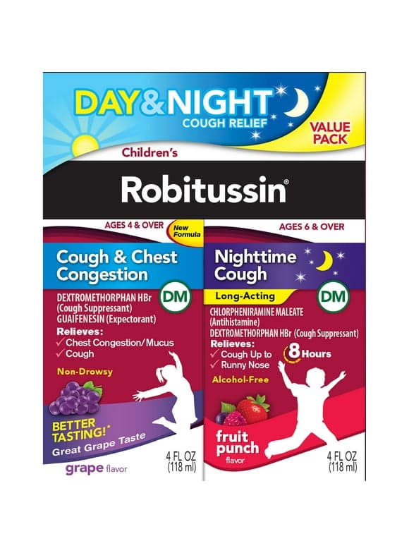 Children's Robitussin Kids Cough and Cold Medicine for Day and Night Relief Syrup, 4 fl oz, 2 Pack