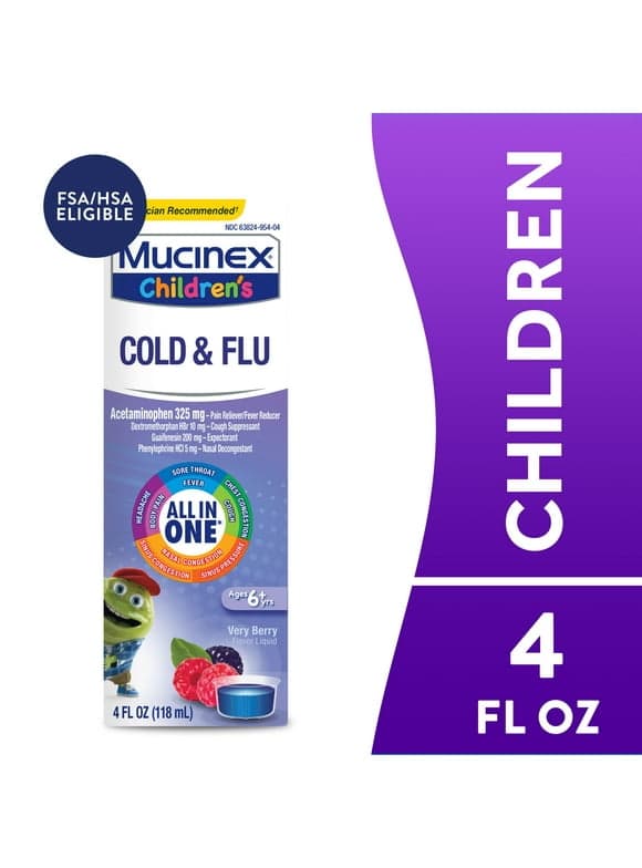 Mucinex Children's Cold and Flu, OTC' Cough Medicine for Kids, Very Berry Flavor Liquid, 4 fl oz