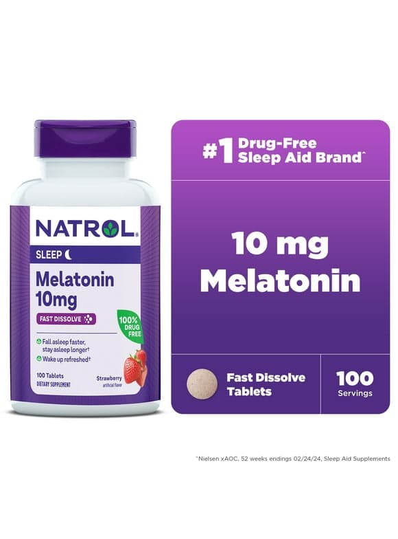 Natrol Sleep Melatonin Fast Dissolve Tablets, Nighttime Sleep Aid, Strawberry Flavor, 10mg, 100 Count