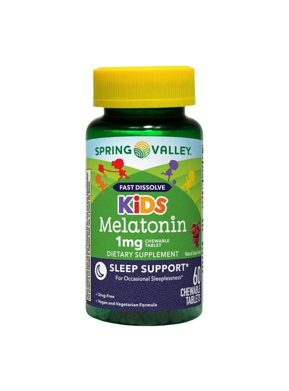 Spring Valley Kids Melatonin Chewable Tablets Dietary Supplement, Grape Flavor, 1 mg, 60 Count